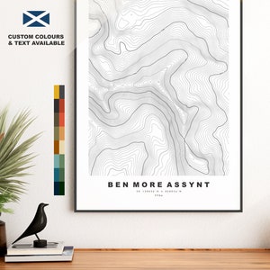 Ben More Assynt-afdruk - contourkaart - Ben More Assynt-poster - Schotland - topografische kaart - muurkunst - Ben More Assynt-contourkaart