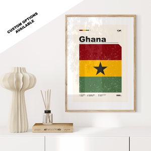 May include: A vintage-style poster featuring the flag of Ghana. The flag is red, yellow, and green with a black star in the centre. The poster has a distressed, textured look and includes the word "Ghana" in a bold, sans-serif font.