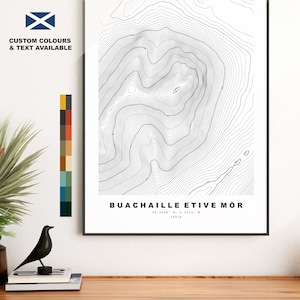 Impression Buachaille Etive Mor - Carte des contours - Poster - Ecosse - Carte topographique - Impression - Art mural - Carte des montagnes - Munros - Topographie