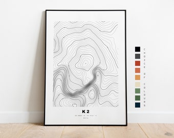 K2 Print - Contour Map - Eight Thousander - Topographic Map - Print - Wall Art - K2 Map Poster - Pakistan - Karakoram - Topography