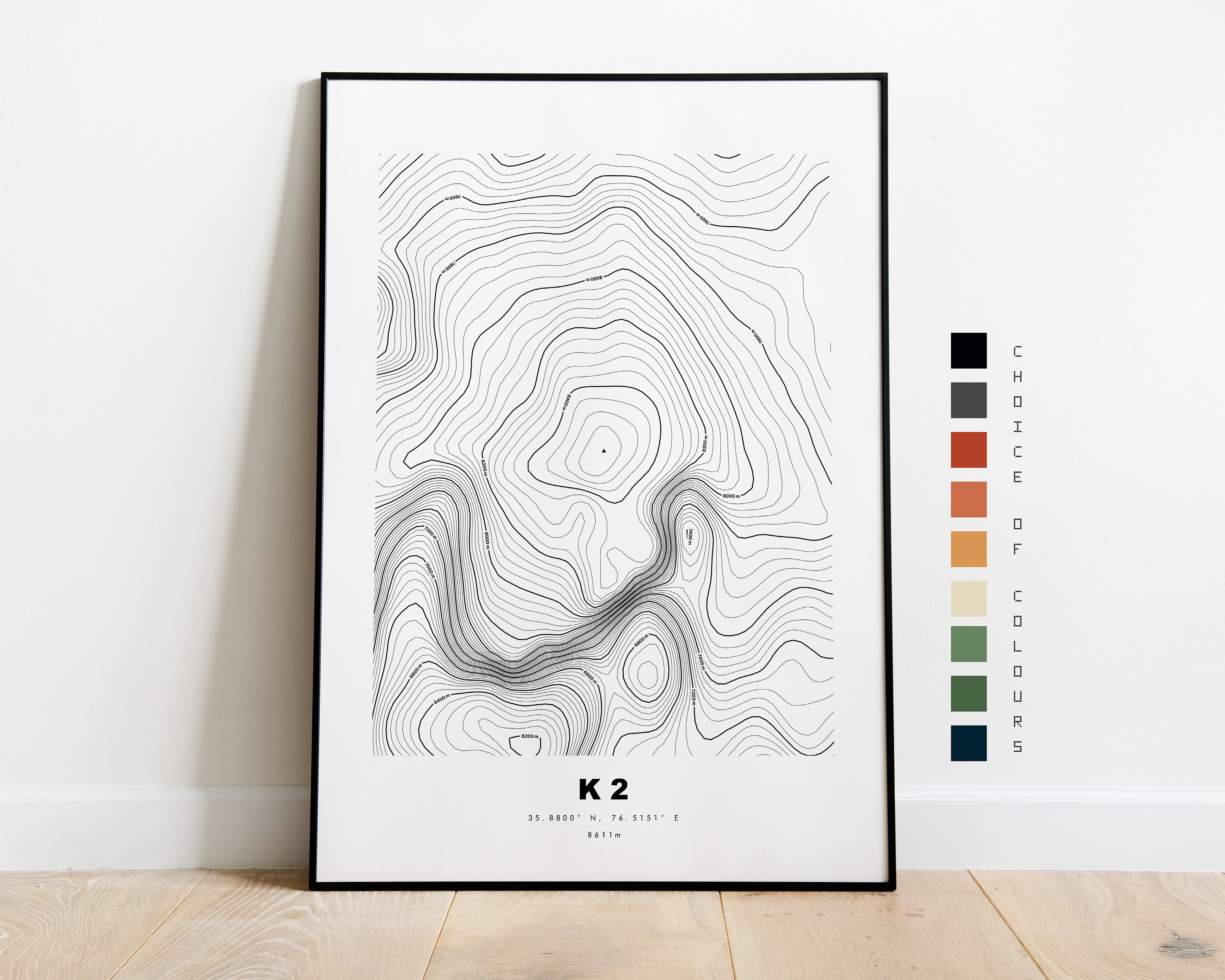 K2 Print Contour Map Eight Thousander Topographic Map Print Wall