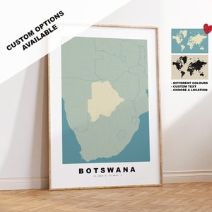 Botswana Map Print - Personalised Map Gift - Framed or Canvas Options Available - Custom Text Options - Personalised Gift