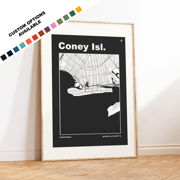 Coney Island Map Print - Print, Framed or on Canvas - Coney Island Poster - United States - Custom Text Options - Map Wall Art - Gift - USA