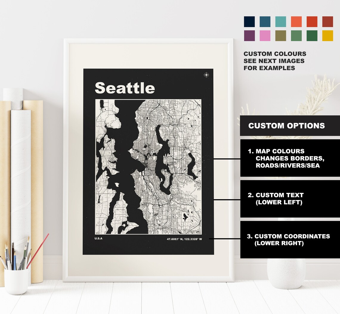 Seattle Map Print - Custom Options/colours Available - Prints or Framed ...