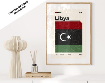 Impressão da Bandeira da Líbia - Pôster da Bandeira - Estilo Moderno de Meados do Século - Opções Personalizadas Disponíveis - Impressões emolduradas ou em tela disponíveis - Presente Personalizado