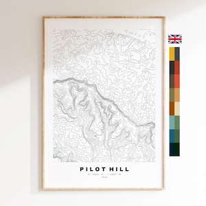 May include: A vertical rectangular wall art print featuring a black and white topographic contour map of Pilot Hill. The text reads Pilot Hill, 51.3384 N, -1.4300 W, 286m. To the right, a vertical color palette strip and a small Union Jack flag.