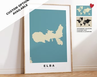 Impresión del mapa de Elba - Regalo de mapa personalizado - Opciones disponibles enmarcadas o en lienzo - Opciones de texto personalizado - Regalo personalizado