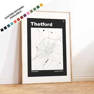 Thetford Map Print - Benutzerdefinierte Optionen / Farben erhältlich - Drucke oder gerahmte Drucke - Thetford, Norfolk - Benutzerdefinierter Text für Geschenk