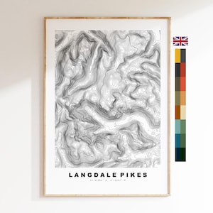 Langdale Pikes Print - contourkaart - kaart Langdales Lake District - Lake District - topografische kaart - print - poster - muurkunst - topografie