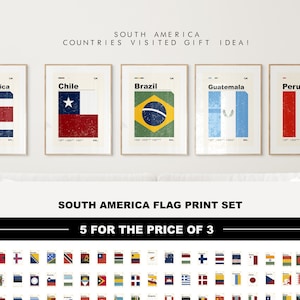 South America Travel Gift - Print Set of 5 - Gallery Wall, Choose 5 Countries Flag's Visited - Any South American Country Flag