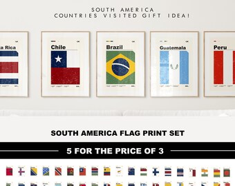 South America Travel Gift - Print Set of 5 - Gallery Wall, Choose 5 Countries Flag's Visited - Any South American Country Flag