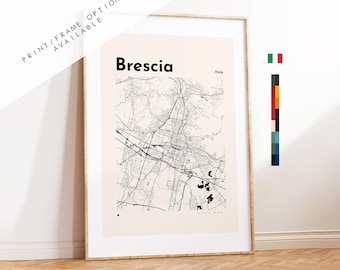 May include: A vertical rectangular wall art print featuring a black line map of Brescia, Italy, on a light beige background. The text reads Brescia and /Italy. A small Italian flag icon and a vertical color palette bar are visible on the right side.
