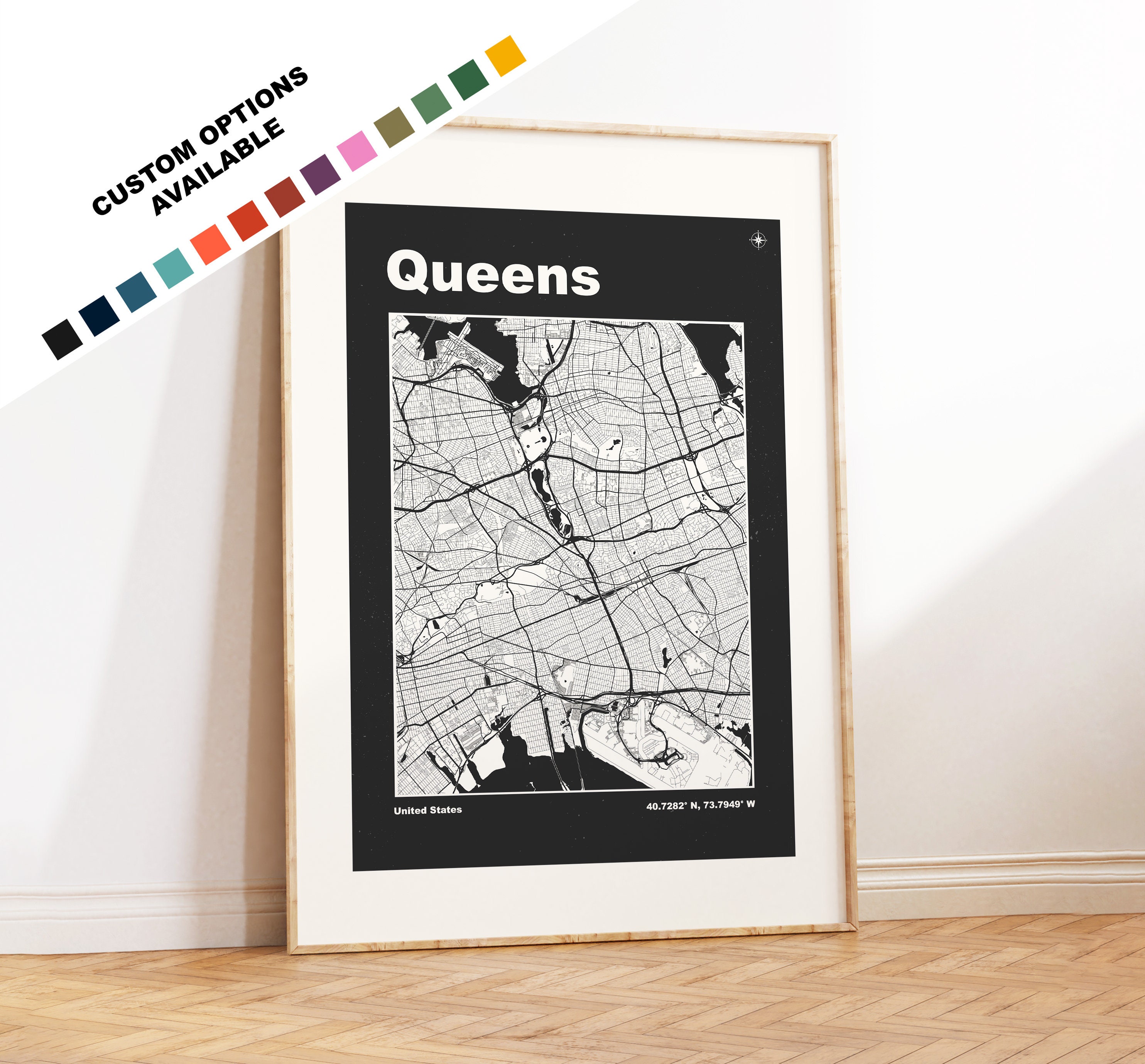 Queens Map Print - Print, Framed or on Canvas - Queens Poster - Queens United States - Custom Text Options - Map Wall Art - Gift - USA