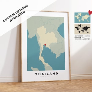 Impresión de mapa de Tailandia - Regalo de mapa personalizado - Opciones disponibles enmarcadas o en lienzo - Opciones de texto personalizado - Regalo personalizado