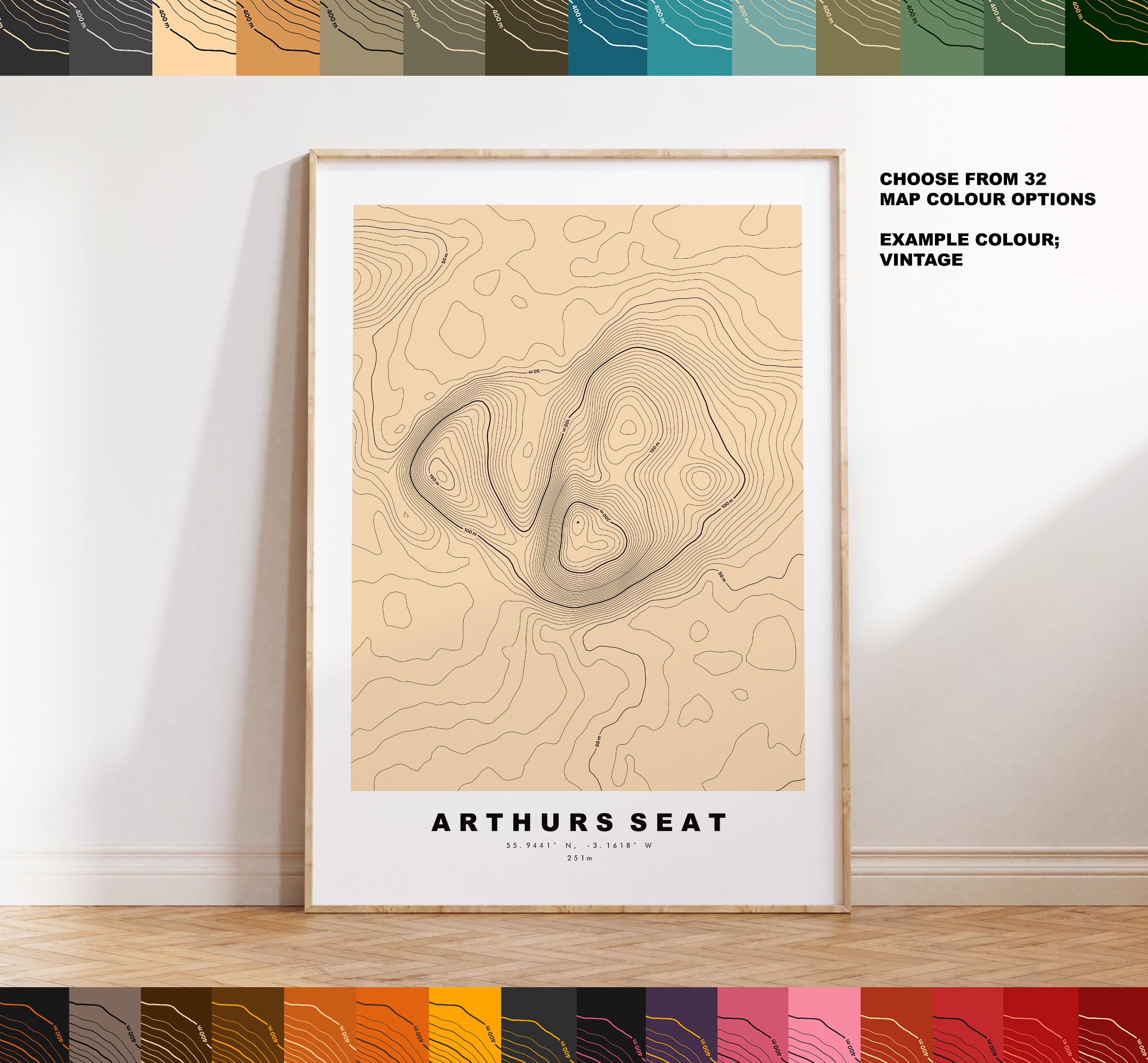 Topography Seating Arthurs Seat Print - Contour Map - Arthurs Seat Poster - Scotland ...