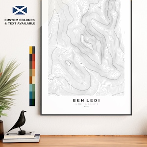 Ben Ledi-afdruk - contourkaart - Ben Ledi-poster - Schotland - topografische kaart - afdrukken - muurkunst - Ben Ledi-kaart - Munros - topografie