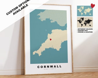 Cornwall Map Print - Personalised Map Gift - Framed or Canvas Options Available - Custom Text Options - Personalised Gift