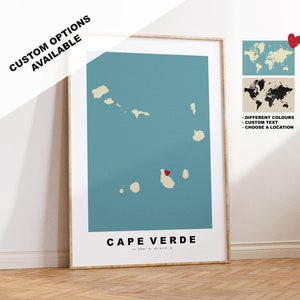 Impresión de mapa de Cabo Verde - Regalo de mapa personalizado - Opciones disponibles enmarcadas o en lienzo - Opciones de texto personalizado - Regalo personalizado