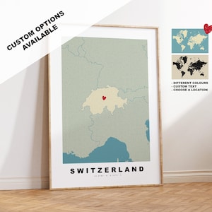 Kaart afdrukken Zwitserland - gepersonaliseerd cadeau kaart - vintage stijl - jubileum - bruiloft - huwelijksreis - vakantie - cadeau - kaart