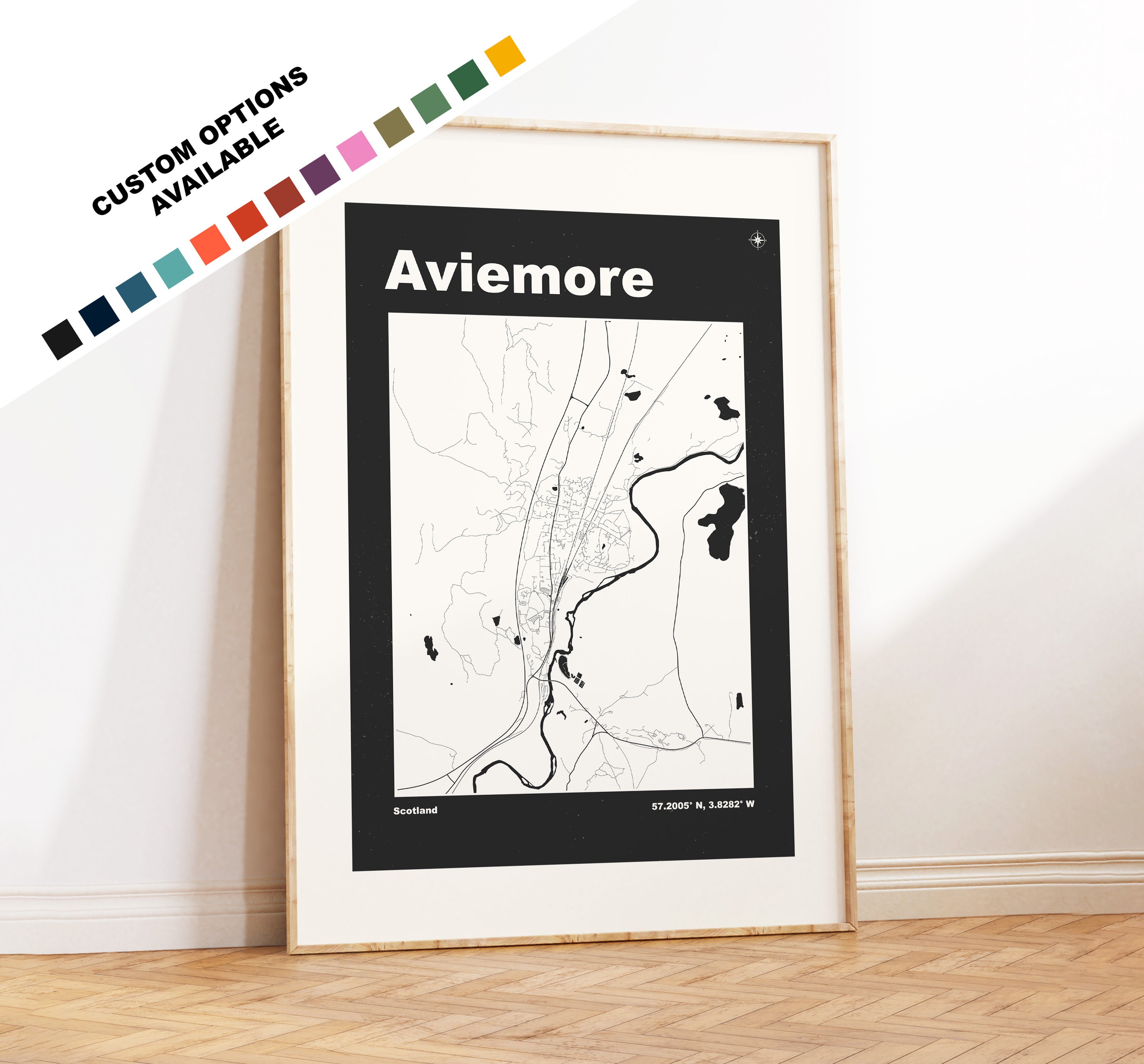 Aviemore Map Print - Custom options/colours available - Prints or Framed Prints - Aviemore, Scotland - Custom Text for Gift