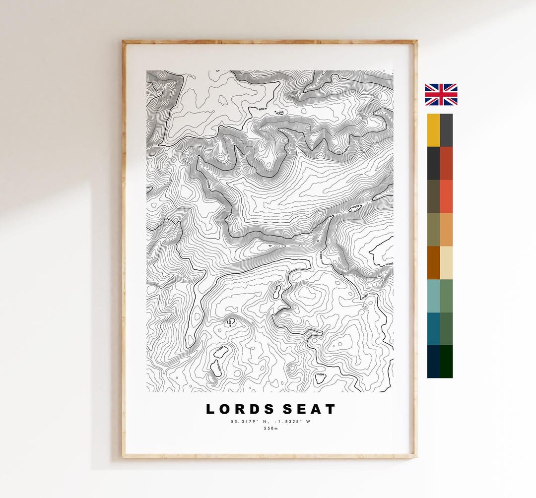 Topography Seating Lords Seat (rushup Edge) Print - Contour Map - Lords Seat Map ...