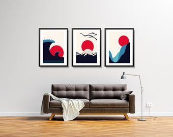 Minimalist Japanese Art Print Set - Japanese Print  Set - Blue Orange Art - Japan - Fuji Wall Art - Minimalist Print - Mid Century Modern