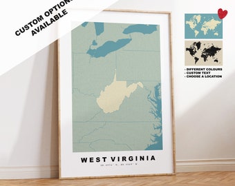 West Virginia Kartendruck - Personalisiertes Kartengeschenk - Optionen für Rahmen oder Leinwand verfügbar - Benutzerdefinierte Textoptionen - Personalisiertes Geschenk