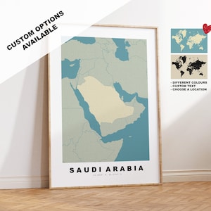 Stampa mappa Arabia Saudita - Regalo mappa personalizzato - Opzioni incorniciate o su tela disponibili - Opzioni testo personalizzate - Regalo personalizzato