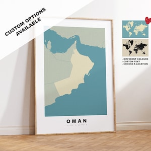 Stampa mappa Oman - Regalo mappa personalizzato - Opzioni incorniciate o su tela disponibili - Opzioni testo personalizzate - Regalo personalizzato
