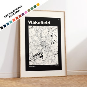 Wydruk mapy Wakefield - Dostępne opcje/kolory niestandardowe - Wydruki lub wydruki w ramkach - Wakefield, West Yorkshire - Niestandardowy tekst na prezent