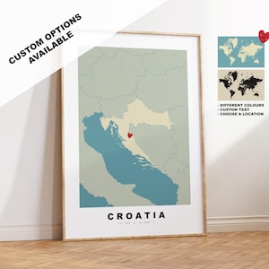 Kroatien Kartendruck - Personalisiertes Kartengeschenk - Rahmen- oder Leinwandoptionen verfügbar - Benutzerdefinierte Textoptionen - Personalisiertes Geschenk