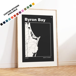 Stampa mappa Byron Bay - Opzioni/colori personalizzati disponibili - Stampe o stampe incorniciate - Byron Bay, Australia - Testo personalizzato per regalo