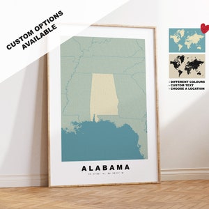 Kaart Alabama afdrukken - gepersonaliseerd kaartcadeau - ingelijste of canvas opties beschikbaar - aangepaste tekstopties - gepersonaliseerd cadeau