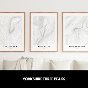 Yorkshire Three Peaks Print Set x3 - Pen Y Ghent - Ingleborough - Whernside - Yorkshire Dales - Stampa mappa - Poster mappa - Arte murale - Regalo