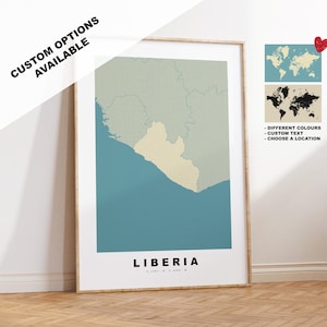 Impression de carte du Libéria - Cadeau carte personnalisé - Options encadrées ou toile disponibles - Options de texte personnalisées - Cadeau personnalisé