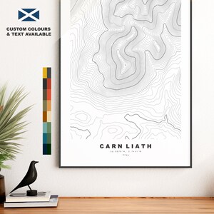 Carn Liath-afdruk - contourkaart - Carn Liath-poster - Schotland - topografische kaart - afdrukken - muurkunst - kaart Beinn a'Ghlo
