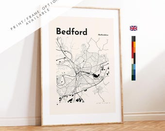 Stampa della mappa di Bedford - Opzioni/colori personalizzati disponibili - Stampe o stampe incorniciate - Bedfordshire, Regno Unito