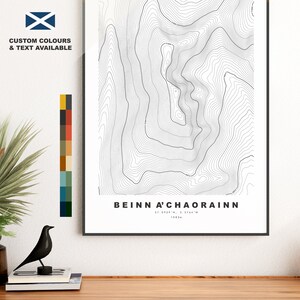 Beinn a'Chaorainn-afdruk - contourkaart - Beinn a'Chaorainn-poster - Schotland - topografische kaart - afdrukken - kunst aan de muur - Beinn a'Chaorainn-kaart