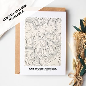 Biglietto di auguri personalizzato con mappa delle montagne - Qualsiasi montagna/vetta - Opzioni di testo personalizzate - Busta inclusa - Biglietto di auguri per escursioni