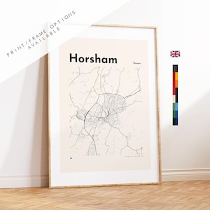 Horsham Map Print - Benutzerdefinierte Optionen / Farben verfügbar - Drucke oder gerahmte Drucke - Sussex, UK