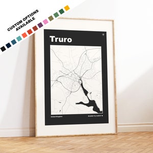 Impresión de mapa de Truro: opciones y colores personalizados disponibles: impresiones o impresiones enmarcadas: Truro, Cornwall: texto personalizado para regalo