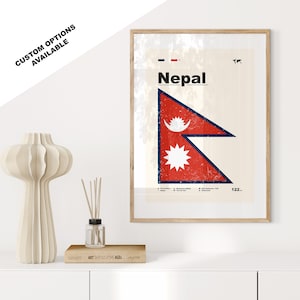 May include: A vintage-style poster featuring the flag of Nepal. The poster has a distressed, faded look and includes the country name "Nepal" in bold black text. The flag is a red triangle with a blue border and white symbols.