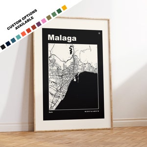 Kaart van Malaga afdrukken - afdrukken, ingelijst of op canvas - poster Malaga - Malaga, Spanje - aangepaste tekstopties - kaartmuurkunst - cadeau