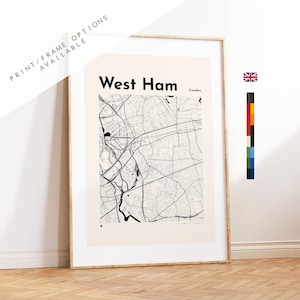 Impresión del mapa del West Ham - Opciones y colores personalizados disponibles - Impresiones o enmarcadas - Londres, Reino Unido