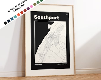 Southport Map Print - Custom options/colours available - Prints or Framed Prints - Southport, Merseyside - Custom Text for Gift