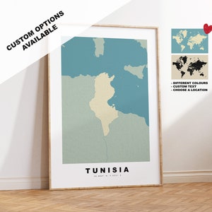 Stampa mappa Tunisia - Regalo mappa personalizzato - Opzioni incorniciate o su tela disponibili - Opzioni testo personalizzate - Regalo personalizzato