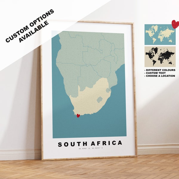 South Africa Map Print - Personalised Map Gift - Vintage Style - Anniversary - Wedding - Honeymoon - Holiday  - Gift - Map