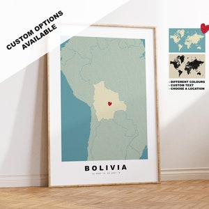 Bolivien Kartendruck - Personalisiertes Kartengeschenk - Rahmen- oder Leinwandoptionen verfügbar - Benutzerdefinierte Textoptionen - Personalisiertes Geschenk