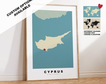 Cyprus Map Print - Personalised Map Gift - Framed or Canvas Options Available - Custom Text Options - Personalised Gift