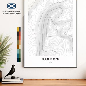 Ben Hope-afdruk - contourkaart - Ben Hope-poster - Schotland - topografische kaart - afdrukken - muurkunst - Ben Hope-kaart - Munros - topografie
